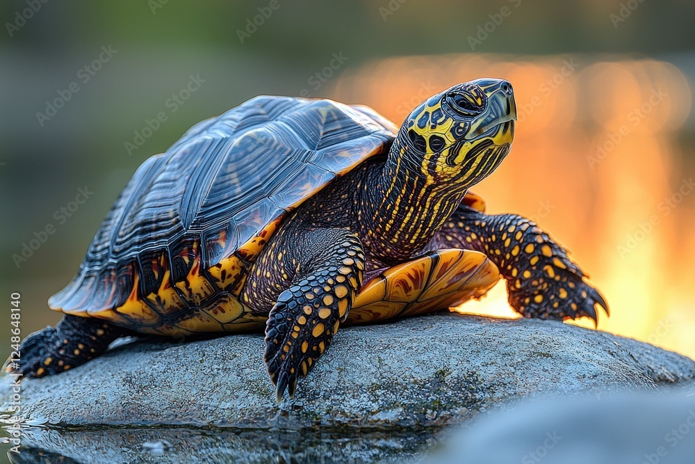 A vibrant turtle basking on a rock by a serene pond during sunset, showcasing nature's beauty in a tranquil environment A vibrant turtle basking on a rock by a serene pond during sunset, showcasing nature's beauty in a tranquil environment