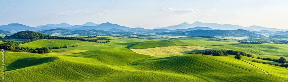 A panoramic view of lush green hills and mountains under a clear blue sky, showcasing the beauty of nature and serenity. A panoramic view of lush green hills and mountains under a clear blue sky, showcasing the beauty of nature and serenity.