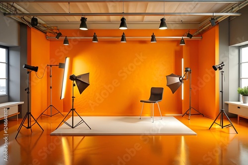 Empty orange studio space serves as a backdrop for solo & group photos, as well as showcasing various products.	