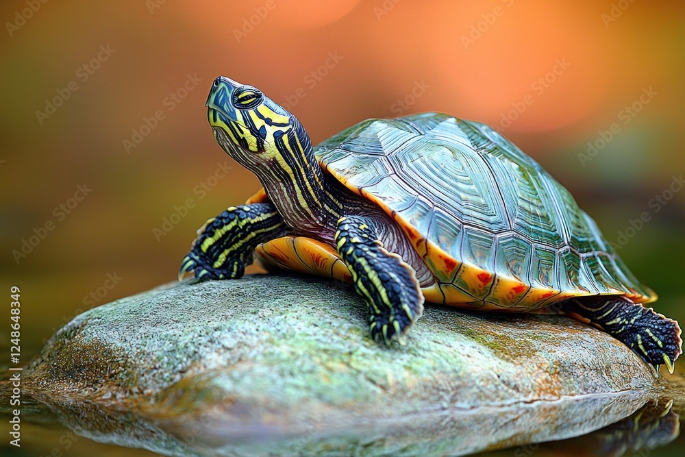 A vibrant turtle basking on a smooth rock by a serene water body, surrounded by lush greenery in the background A vibrant turtle basking on a smooth rock by a serene water body, surrounded by lush greenery in the background