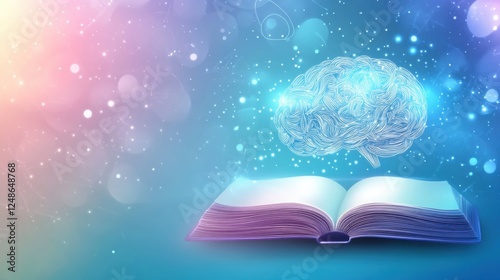 Open book with a glowing brain above it, surrounded by colorful abstract light effects