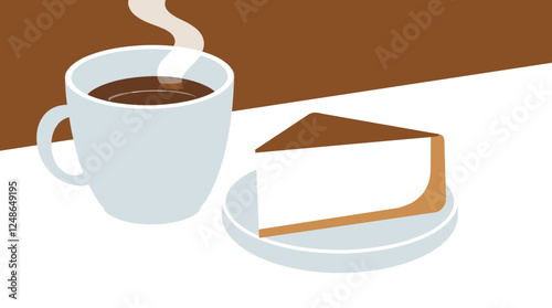 Minimalist coffee cup and cheesecake illustration in brown tones.