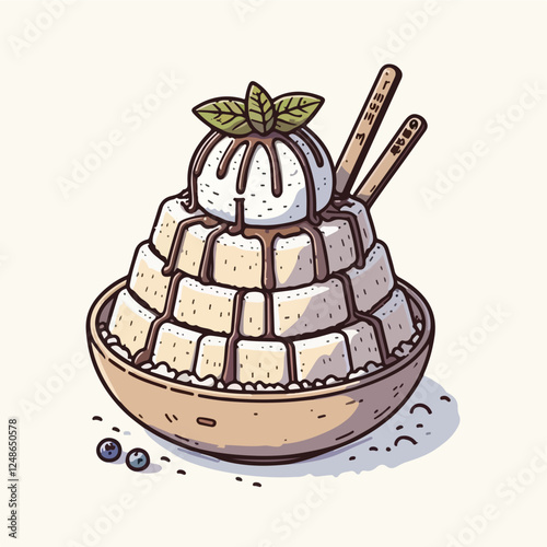 Shaved Ice Delight: A whimsical illustration of a towering shaved ice dessert, featuring layers of fluffy ice, a scoop of vanilla ice cream, a drizzle of chocolate sauce.