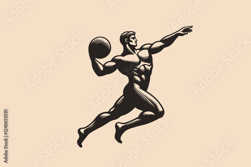 Ancient Greek athlete with discus, detailed muscular flat engraving
