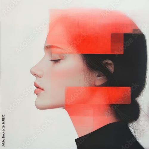 portrait of woman with red artistic blocks