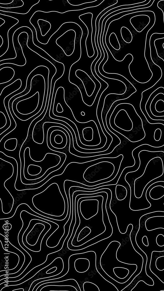 Black animated topographic lines moving background, contour lines animation 4k animated vertical backdrop