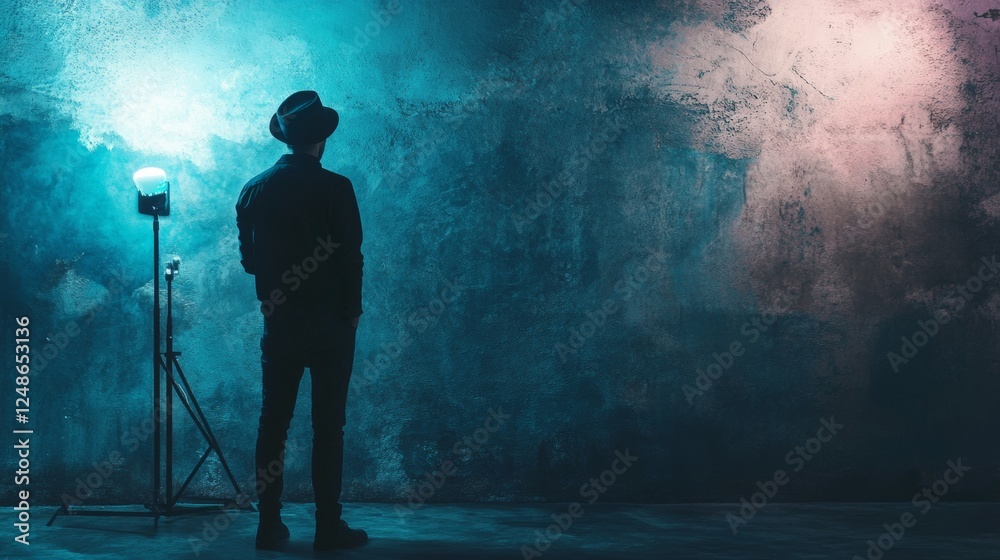 Silhouette of a man standing in a moody photography studio Silhouette of a man standing in a moody photography studio