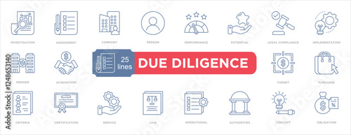 Illustration of due diligence process showcasing key concepts with iconography. Includes terms like investigation, assessment, legal, and compliance for business and professional guidance.