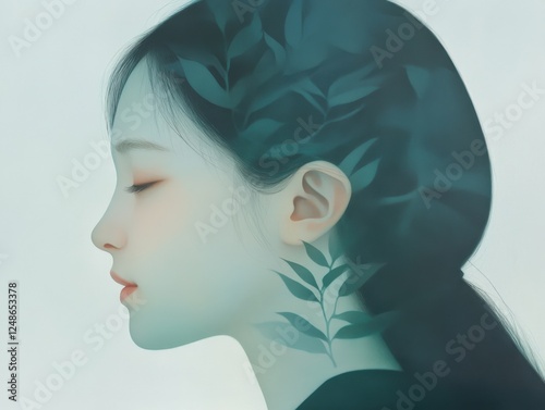 dreamy woman portrait with leaves in hair
