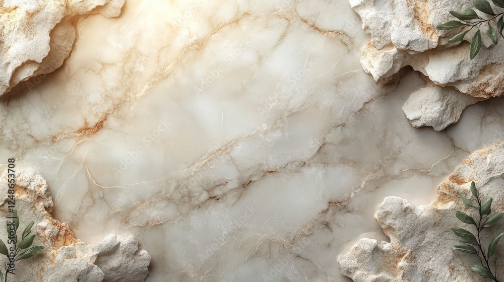 Beige marble texture background with rocks and leaves; ideal for product display Beige marble texture background with rocks and leaves; ideal for product display