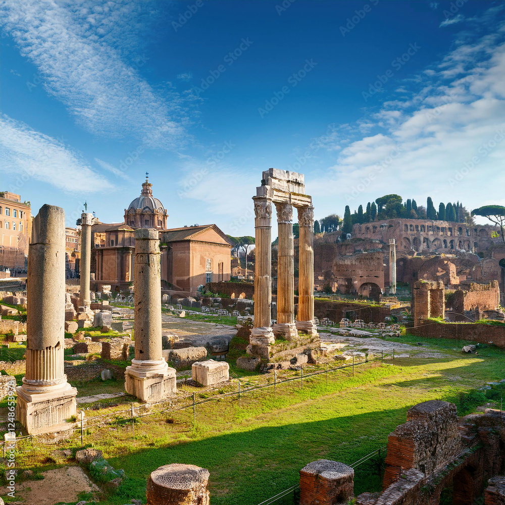 Ancient stone columns and temple ruins stand majestically among weathered pathways and crumbling walls under a vibrant blue sky with scattered white clouds. Ancient stone columns and temple ruins stand majestically among weathered pathways and crumbling walls under a vibrant blue sky with scattered white clouds.