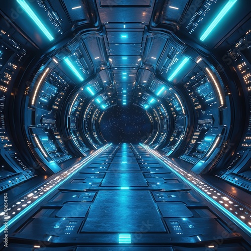Futuristic sci-fi corridor with glowing blue lights and sleek metallic surfaces, leading to a starry space backdrop
