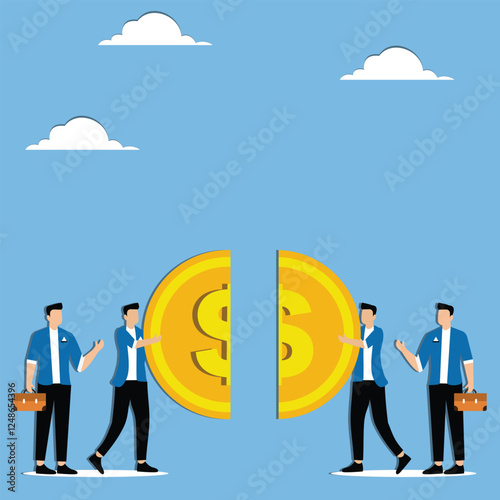 Profit sharing, wealth division, reorganization or merger, two groups of businessmen each holding half of the dollar signs