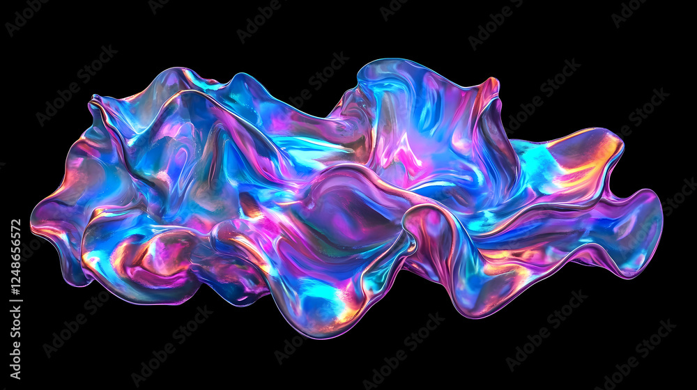 Obraz premium Bold holographic liquid blob shape isolated. Iridescent wavy melted substance on black background