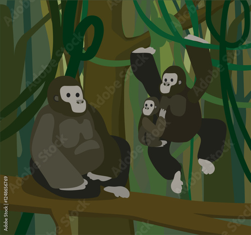 gorilla family ape hanging on liana with litlle baby monkey on belly animal cartoon flat cute africa jungle vector character isolated on green jungle background