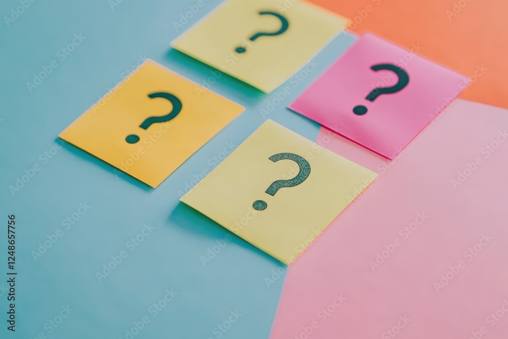 Different colored sticky notes with question marks are present Different colored sticky notes with question marks are present