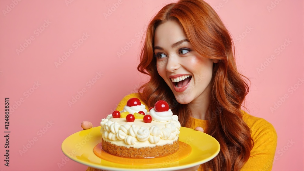 A woman holds a yellow plate with a cake with cherries on it. She is smiling and happy on a pink background. Generative AI.