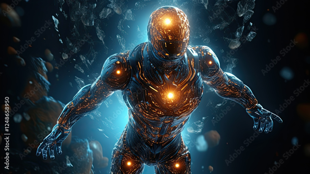 Fototapeta premium Luminous Cyborg Emerging from Digital Particles