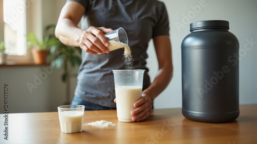 Woman making protein shake using powder spoon and glass. Health and fitness concept as woman prepares nutritious drink for her body. Gray background.