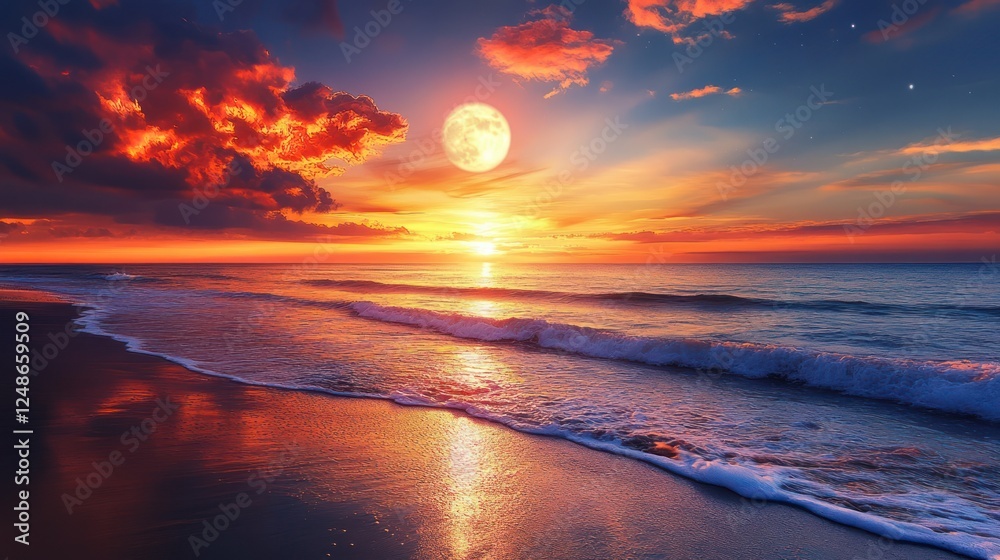 Fototapeta premium Ocean sunset with full moon, beach, waves, clouds