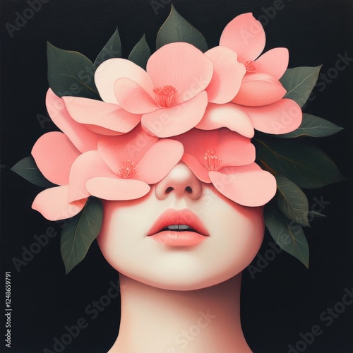 conceptual portrait of a woman with flowers obscuring her eyes