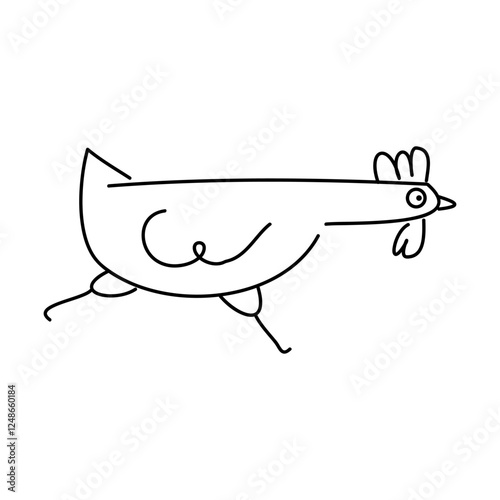 A fun doodle line illustration of a running chicken. Cute rooster outline. Isolated on white