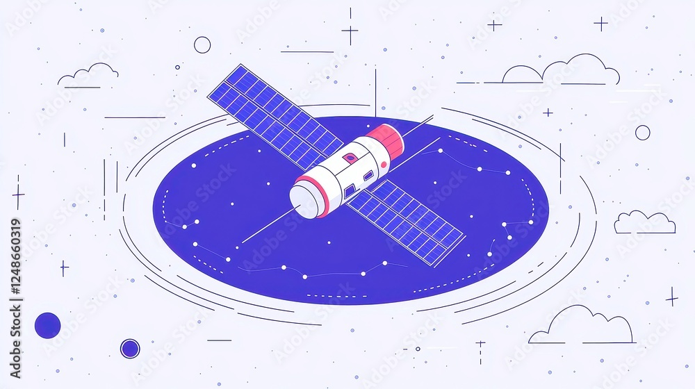 Naklejka premium Satellite Technology Enhancing Remote Work Connectivity, exploring the transformative effects of satellite systems on global communication and collaboration, featuring simple vector line art