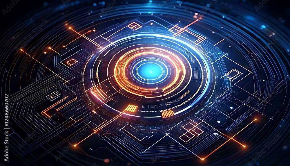 Obraz premium Circular electronic design shows glowing connections, components creating a high-tech, abstract illustration on black