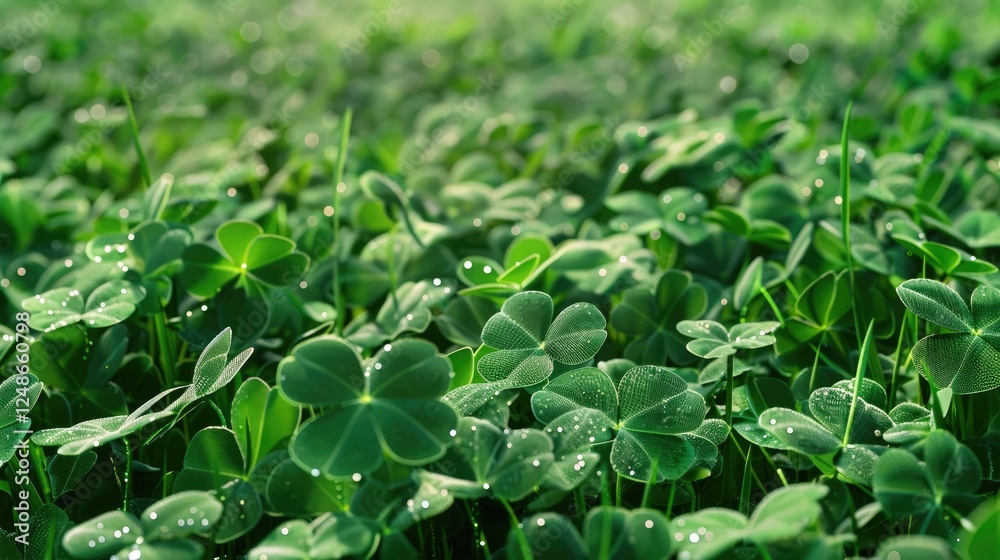 Vibrant Clover Field With Glowing Water Drops Vibrant Clover Field With Glowing Water Drops