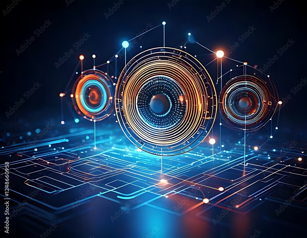 Fototapeta premium Connected circular structures, radiating lines, and lights signify advanced, interconnected technologies, digital networks, and future innovation.
