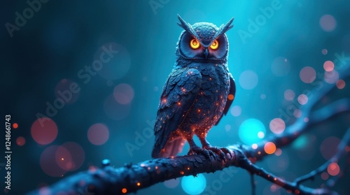 A Robotic Owl Perched on a Digital Branch with Glowing Blue Dots photo