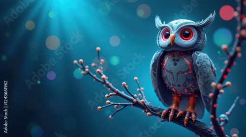 A Robotic Owl Perched on a Digital Branch with Glowing Blue Dots