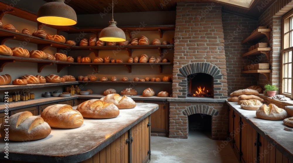 Rustic Bakery with Fresh Bread on Wooden Shelves