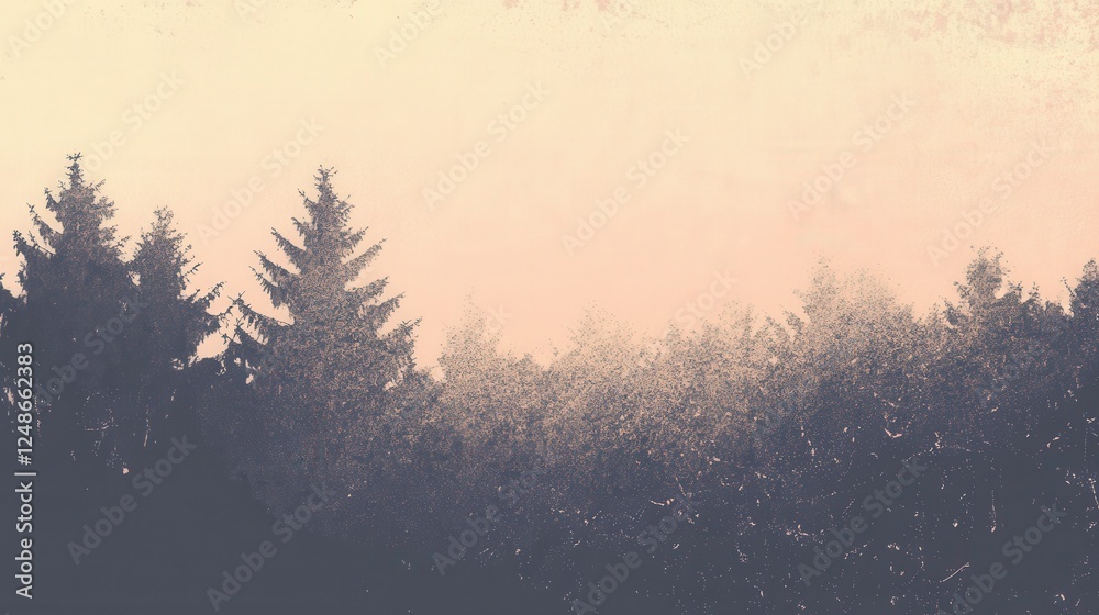 Naklejka premium Vintage Forest Silhouette: Misty Mountain Scenery