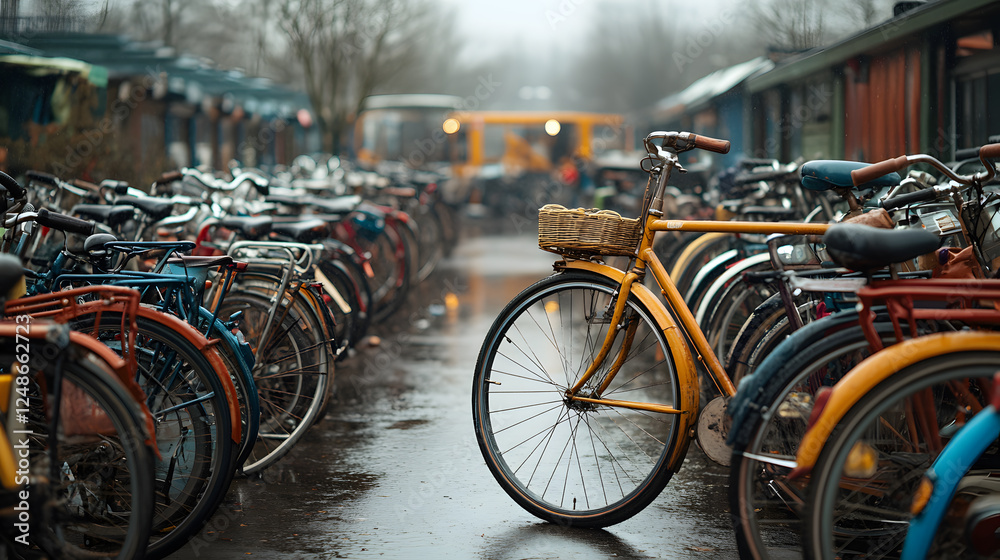 Photography of a bustling Amsterdam bike parking lot, filled with countless bicycles in various shapes and colors, highlighting the Dutch love for cycling culture.