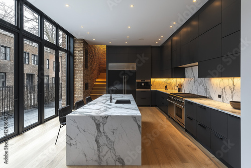 Photographie immobilière d'une cuisine moderne élégante avec marbre blanc et armoires noires, HDR, 3D, design, tendance, architecte photo