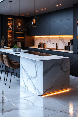 Photographie immobilière d'une cuisine moderne élégante avec marbre blanc et armoires noires, HDR, 3D, design, tendance, architecte photo