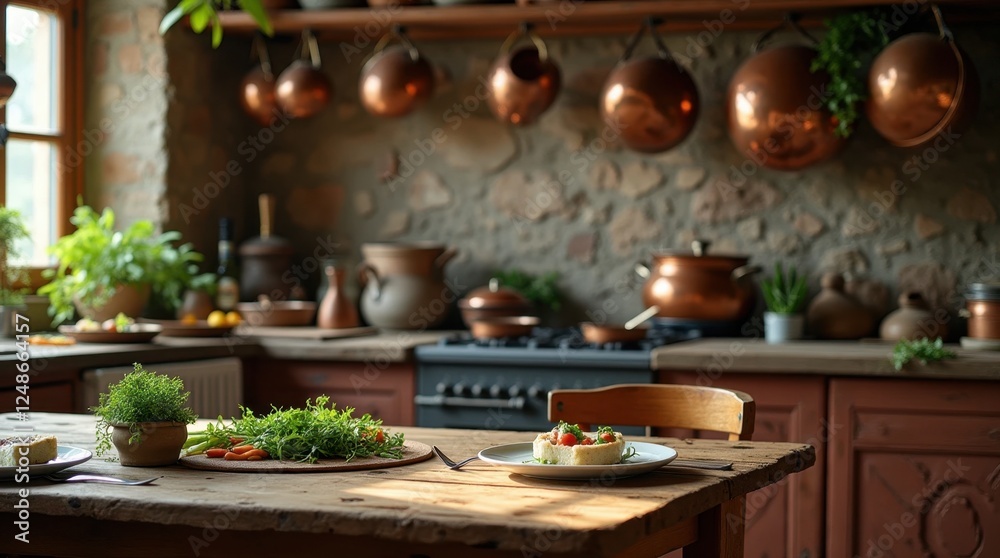 Rustic Kitchen with Wooden Table Set for a Meal Rustic Kitchen with Wooden Table Set for a Meal