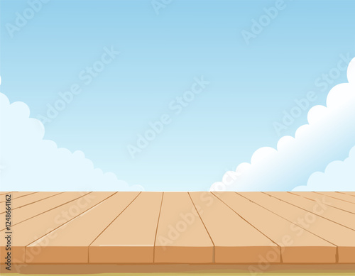 Empty wooden tabletop over sky background with copy space