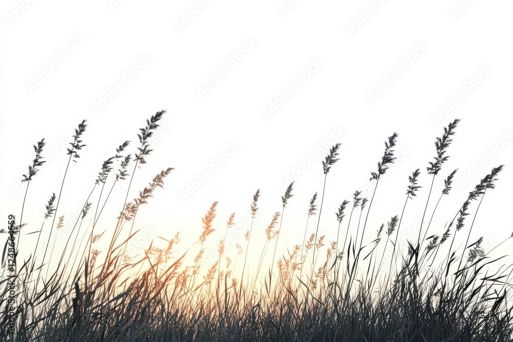 Obraz premium ethereal dancing prairie grasses backlit by sunset, isolated on white, photorealistic 3d render