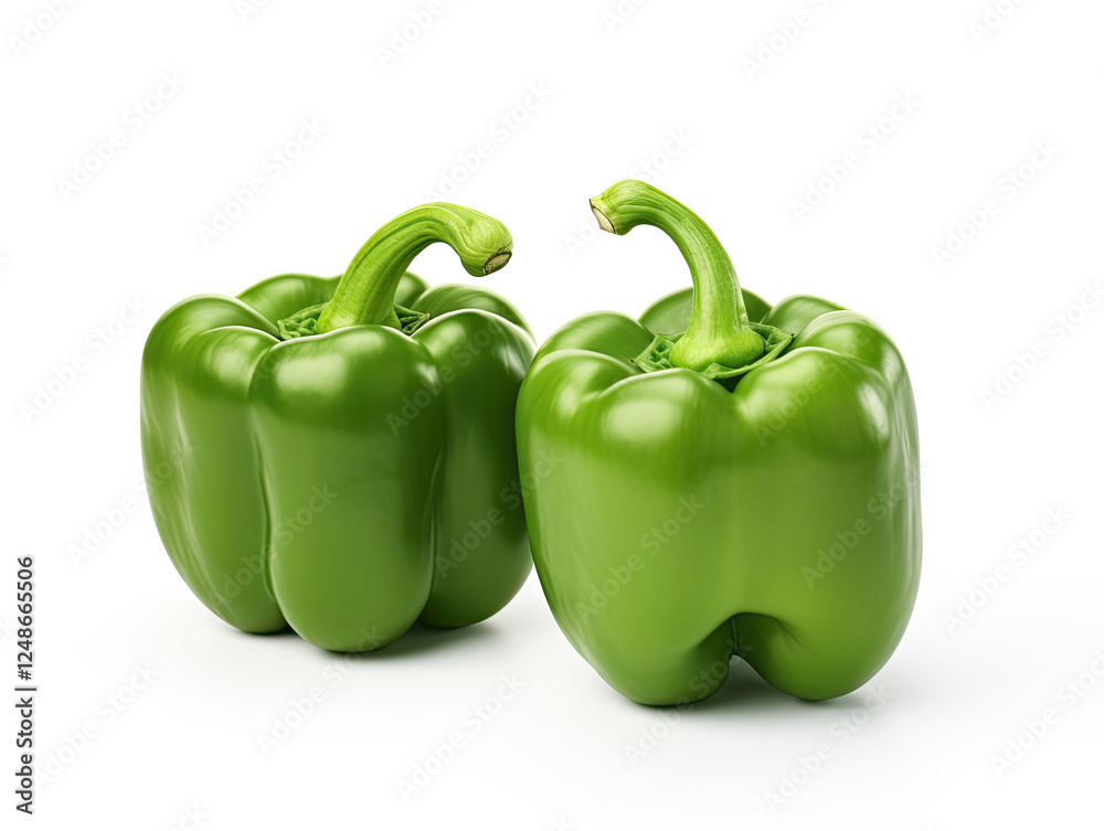 Two vibrant green bell peppers on white background Two vibrant green bell peppers on white background