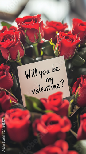 bouquet of red roses with a card of san valentine