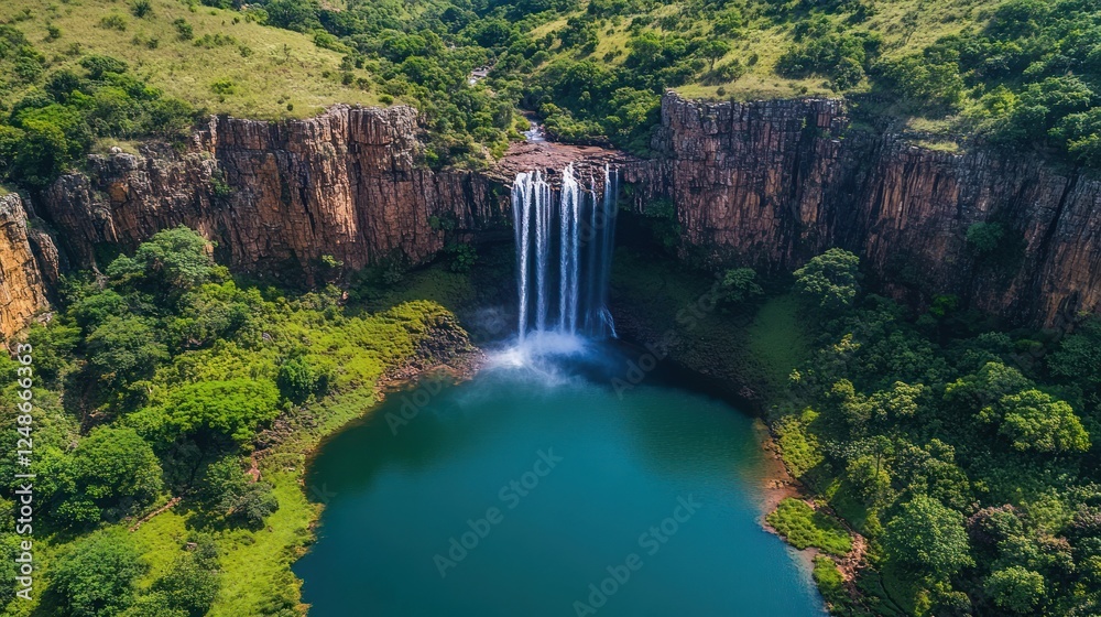 Fototapeta premium Aerial view of waterfall cascading into pool, lush green hills