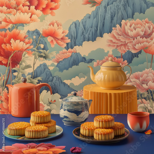 Flat lay stylized Mid autumn festival food and drink, moon cake and tea set on pastel coloured background still life. photo