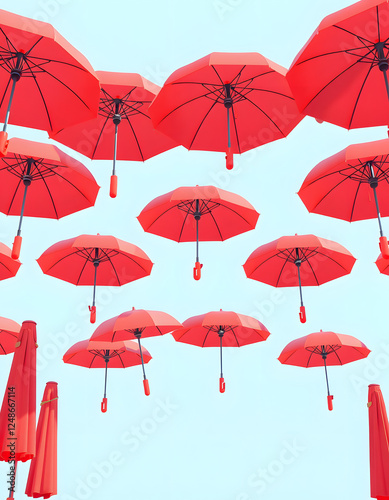 3d rendered collection of red umbrellas. with white shades