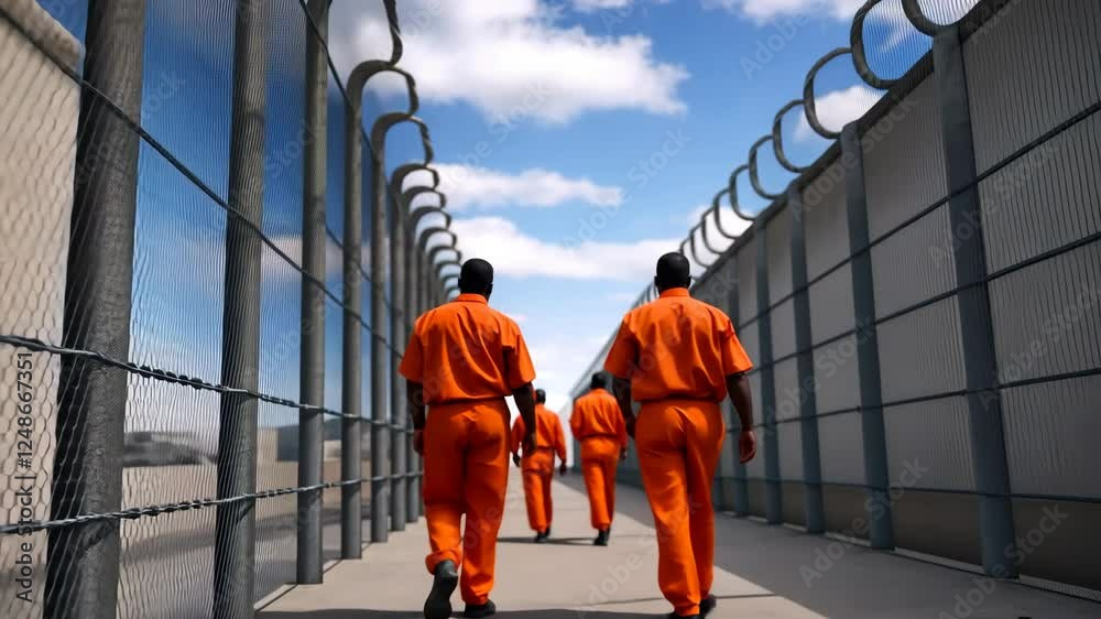 Orange clad prisoners traversing secured hallway, hemmed by razor wire barrier, blue horizon overhead, embodying institutional constraint and limited personal freedom