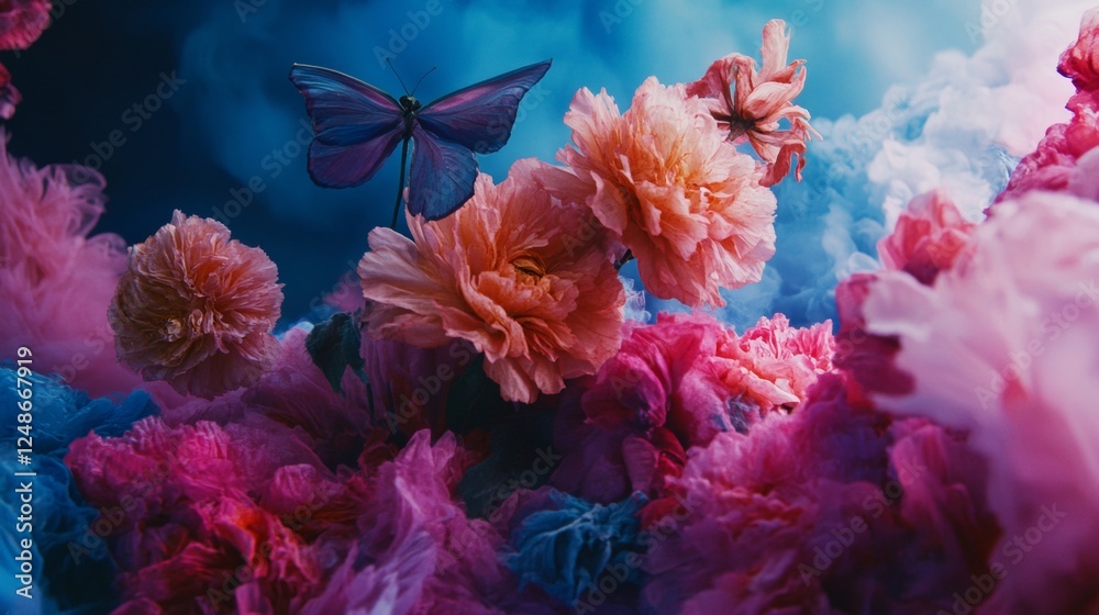 Obraz premium Vibrant floral explosion with butterfly