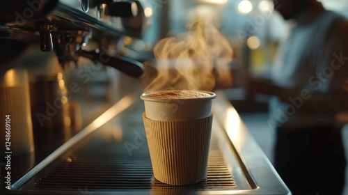 Latte being dispensed from coffee machine in cafe photo
