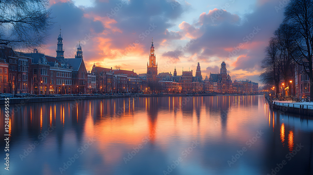 Fototapeta premium A striking photography of the Binnenhof, the historic parliamentary complex in The Hague, reflecting in the tranquil waters of the Hofvijver lake at twilight.
