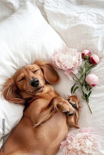 Portrait of a brown Dachshund dog sleeping and cuddling in white shirts pillows  with pink peonies laying  next to it.
